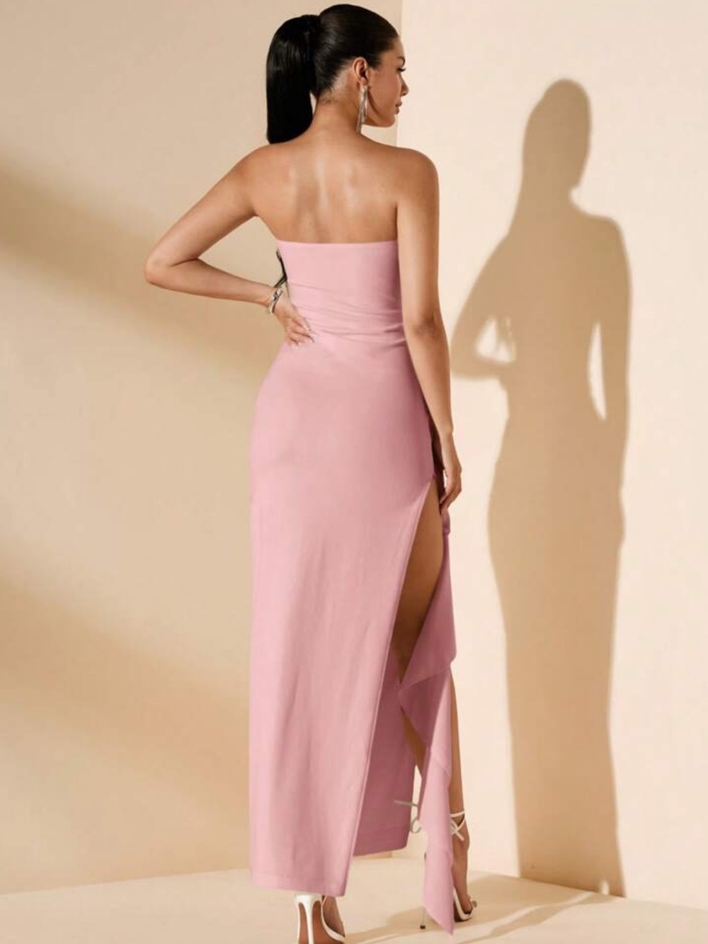 Strapless Pink Ruffle Column Evening Dress - Picture 3 of 7